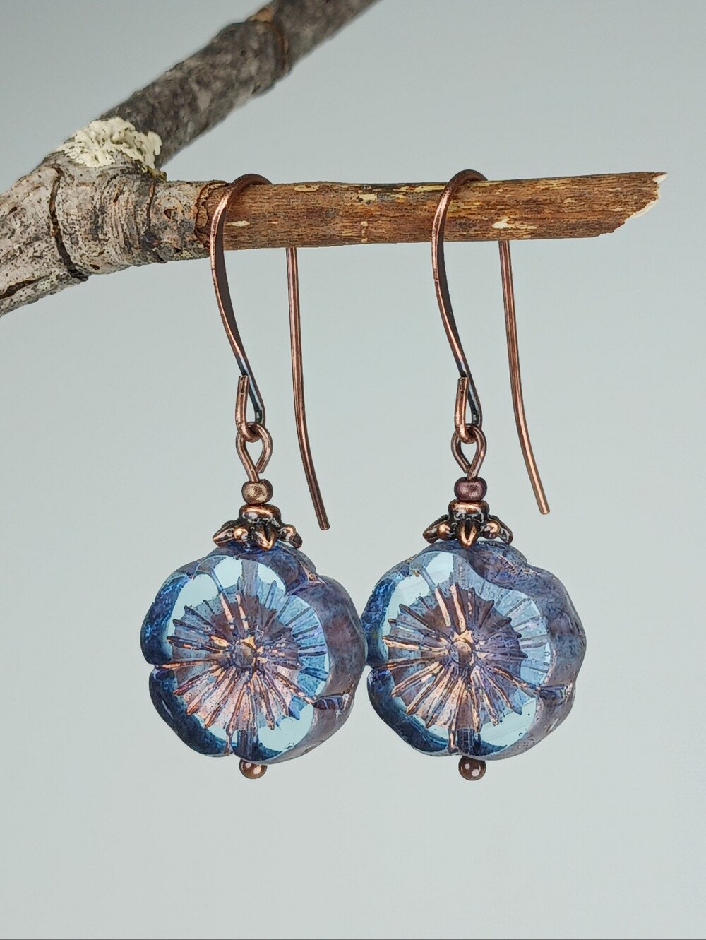 Blue Czech Glass Flower Earrings Copper Artisan Garden Jewelry Hand Crafted - Picture 2 of 7